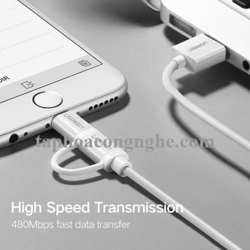 Ugreen 20875 0.5M màu Trắng Cáp sạc đa năng USB sang MicroUSB + Lightning US178 30020875